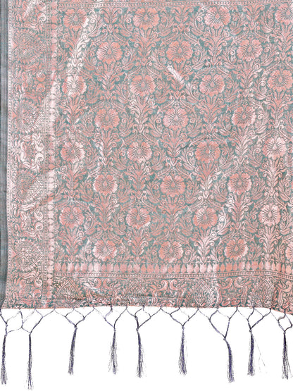 Elegant Sea Green Linen Cotton Saree with Silver Zari Border & Geometric Weave