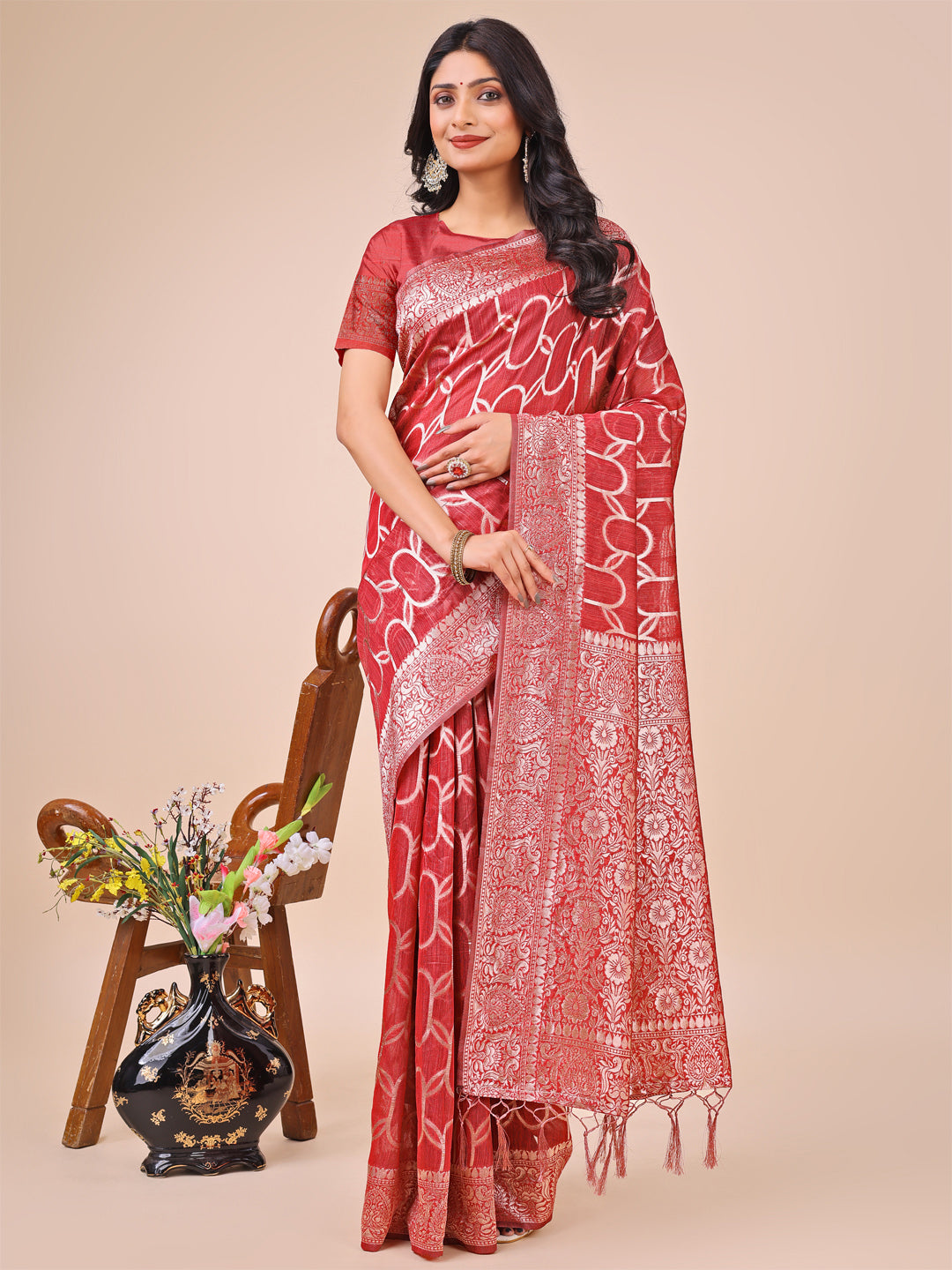 Elegant Red Linen Cotton Saree with Silver Zari Border & Geometric Weave