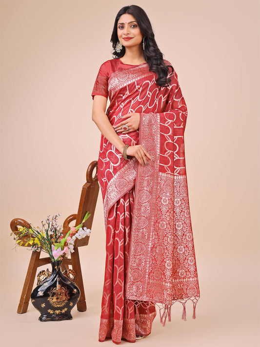 Elegant Red Linen Cotton Saree with Silver Zari Border & Geometric Weave