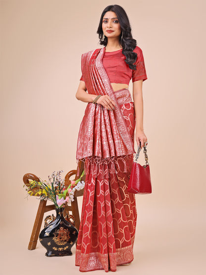 Elegant Red Linen Cotton Saree with Silver Zari Border & Geometric Weave
