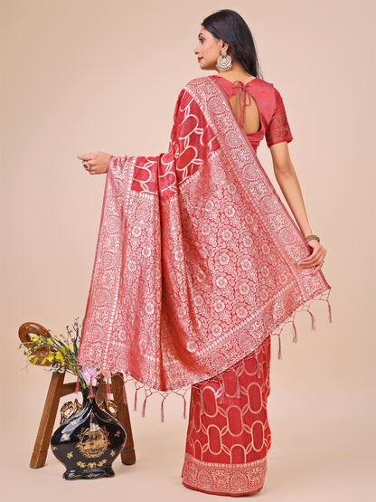 Elegant Red Linen Cotton Saree with Silver Zari Border & Geometric Weave