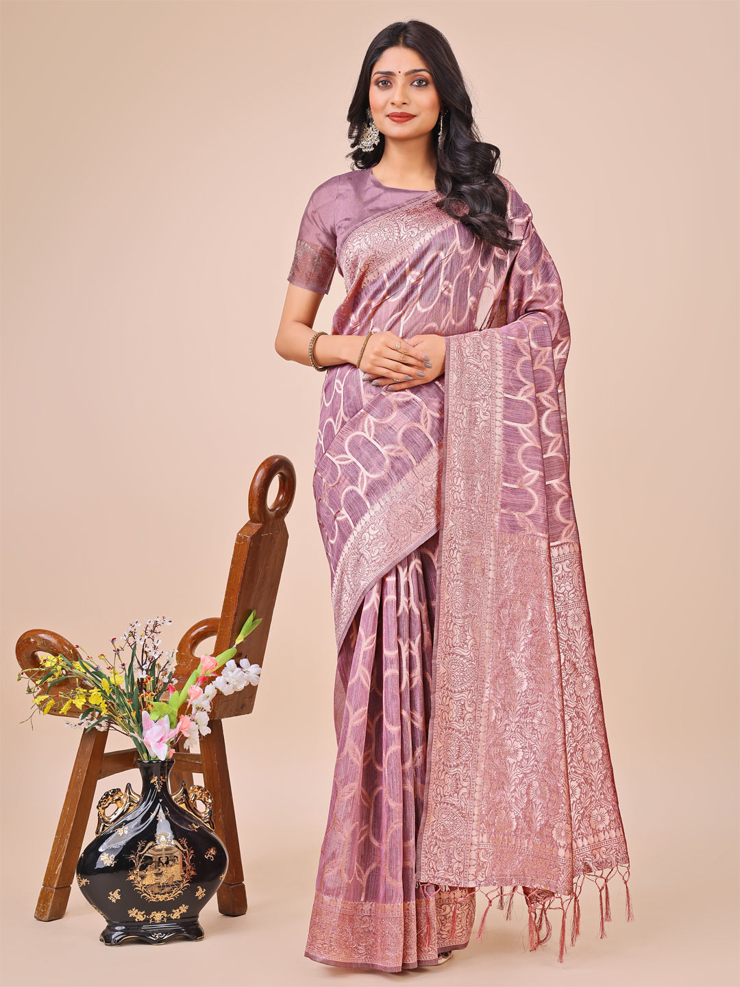 Elegant Purple Linen Cotton Saree with Silver Zari Border & Geometric Weave – Daily, Office & Festive Wear