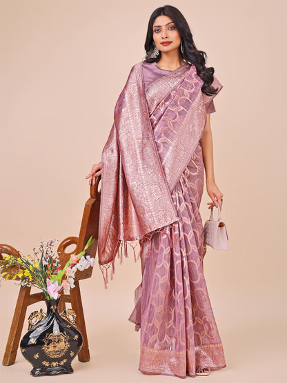 Elegant Purple Linen Cotton Saree with Silver Zari Border & Geometric Weave – Daily, Office & Festive Wear