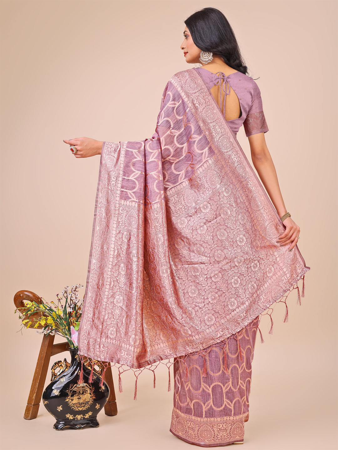 Elegant Purple Linen Cotton Saree with Silver Zari Border & Geometric Weave – Daily, Office & Festive Wear