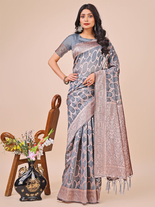 Elegant Grey Linen Cotton Saree with Silver Zari Border & Geometric Weave – Daily, Office & Festive Wear