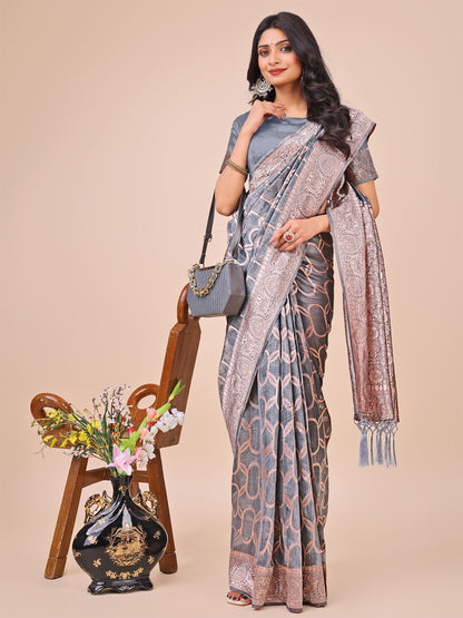 Elegant Grey Linen Cotton Saree with Silver Zari Border & Geometric Weave – Daily, Office & Festive Wear