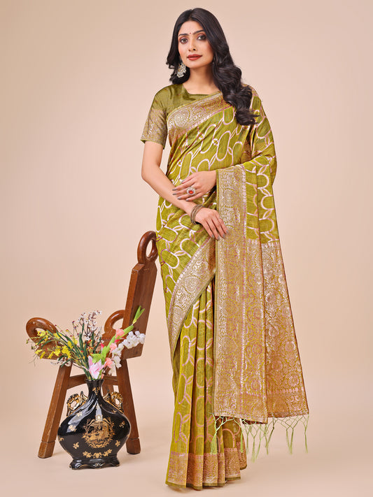 Elegant Olive Green Linen Cotton Saree with Silver Zari Border & Geometric Weave – Daily, Office & Festive Wear