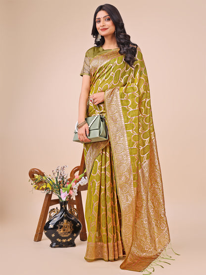 Elegant Olive Green Linen Cotton Saree with Silver Zari Border & Geometric Weave – Daily, Office & Festive Wear