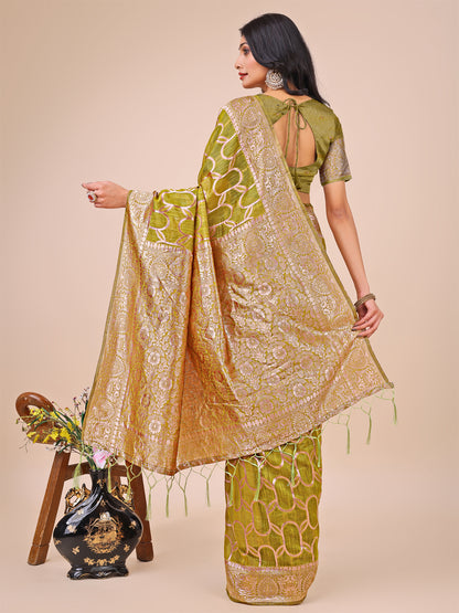Elegant Olive Green Linen Cotton Saree with Silver Zari Border & Geometric Weave – Daily, Office & Festive Wear