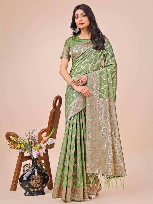 Elegant Green Linen Cotton Saree with Silver Zari Border & Geometric Weave – Daily, Office & Festive Wear