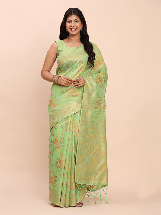 Astita Elegant Off Green Linen Cotton Saree with Floral Weave & Soft Gold Pallu – Graceful Choice for Casual, Office & Festive Looks