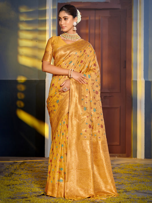 Yellow Banarasi Silk Saree with Zari Border & Floral Jaal