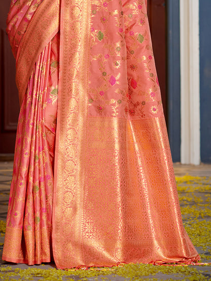 Peach Banarasi Silk Saree with Zari Border & Floral Jaal