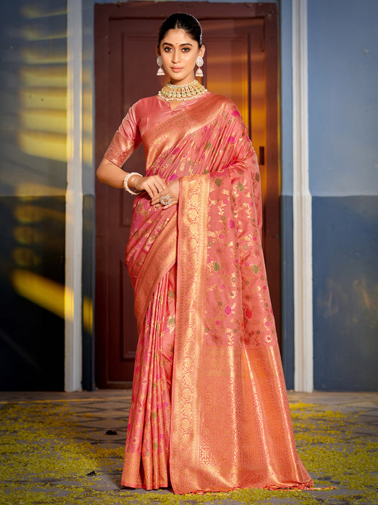 Astita Graceful Peach Banarasi Silk Saree with Golden Zari Woven Border & Floral Jaal – Wedding & Festive Wear