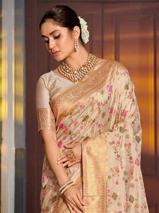 Astita Graceful White Banarasi Silk Saree with Golden Zari Woven Border & Floral Jaal – Wedding & Festive Wear