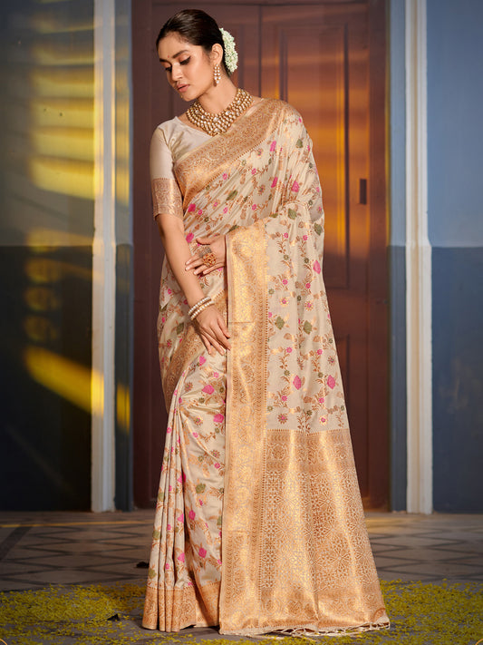 Astita Graceful White Banarasi Silk Saree with Golden Zari Woven Border & Floral Jaal – Wedding & Festive Wear