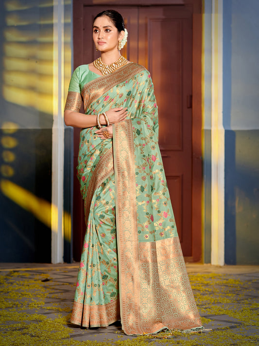 Astita Graceful Sea Green Banarasi Silk Saree with Golden Zari Woven Border & Floral Jaal – Wedding & Festive Wear