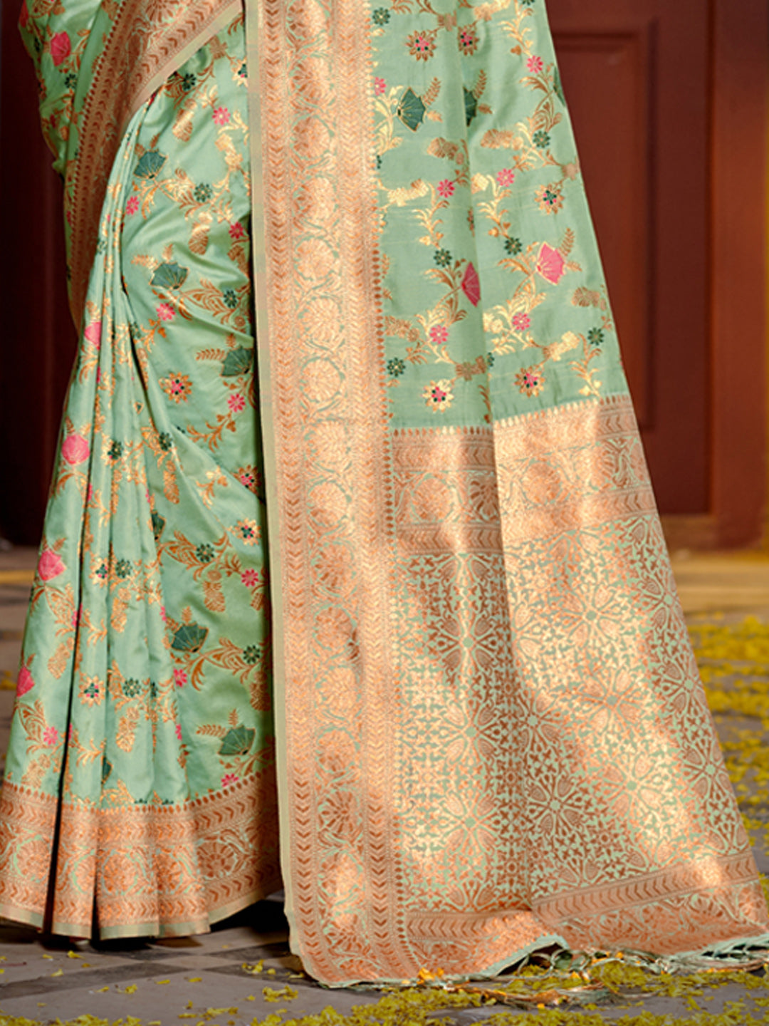 Astita Graceful Sea Green Banarasi Silk Saree with Golden Zari Woven Border & Floral Jaal – Wedding & Festive Wear