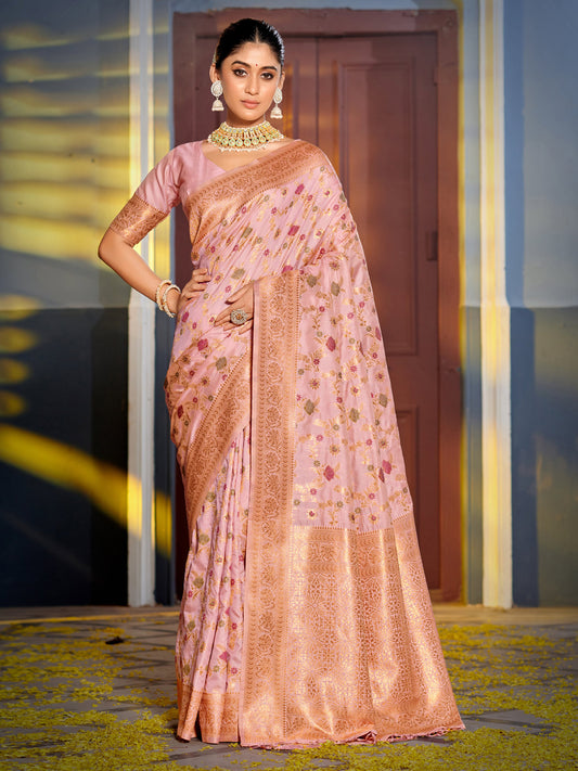 Astita Graceful Pink Banarasi Silk Saree with Golden Zari Woven Border & Floral Jaal – Wedding & Festive Wear