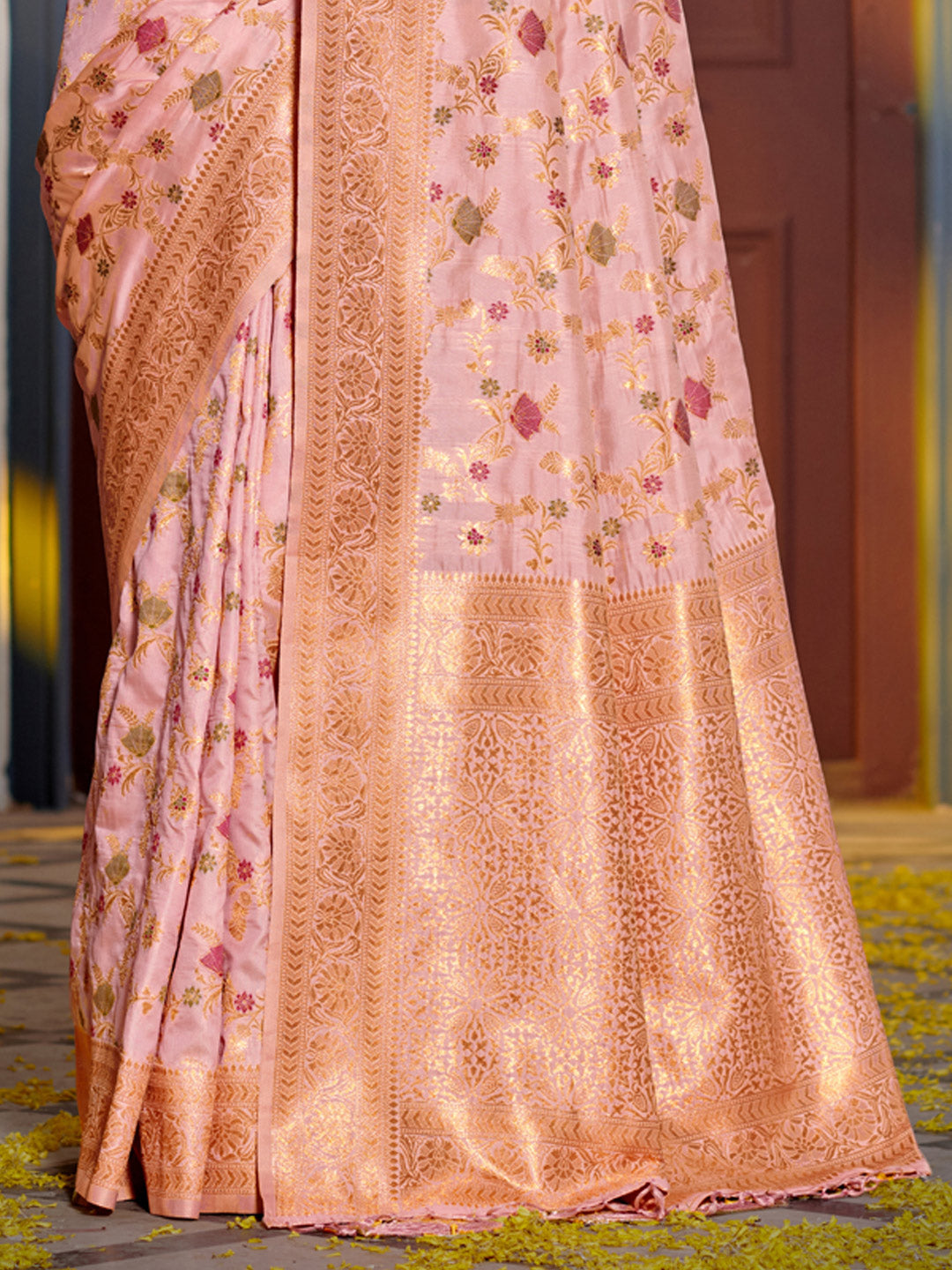 Astita Graceful Pink Banarasi Silk Saree with Golden Zari Woven Border & Floral Jaal – Wedding & Festive Wear