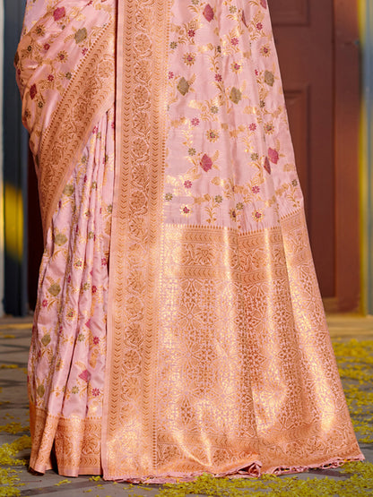 Astita Graceful Pink Banarasi Silk Saree with Golden Zari Woven Border & Floral Jaal – Wedding & Festive Wear