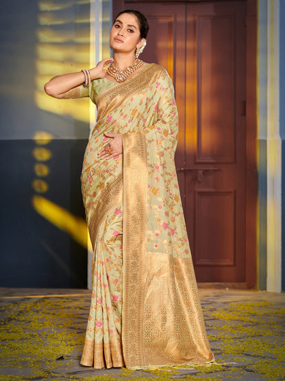 Astita Graceful Light Green Banarasi Silk Saree with Golden Zari Woven Border & Floral Jaal – Wedding & Festive Wear