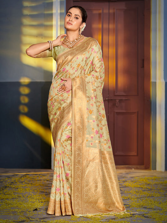 Astita Graceful Light Green Banarasi Silk Saree with Golden Zari Woven Border & Floral Jaal – Wedding & Festive Wear