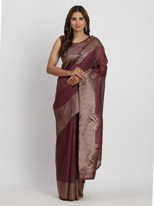 Astita Premium Purple Linen Cotton Saree with Rich Golden Zari Motifs - Elegant Office & Festive Wear for Modern Women