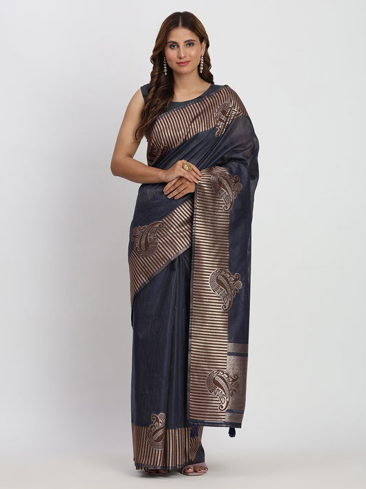 Astita Premium Navy Blue Linen Cotton Saree with Rich Golden Zari Motifs - Elegant Office & Festive Wear for Modern Women