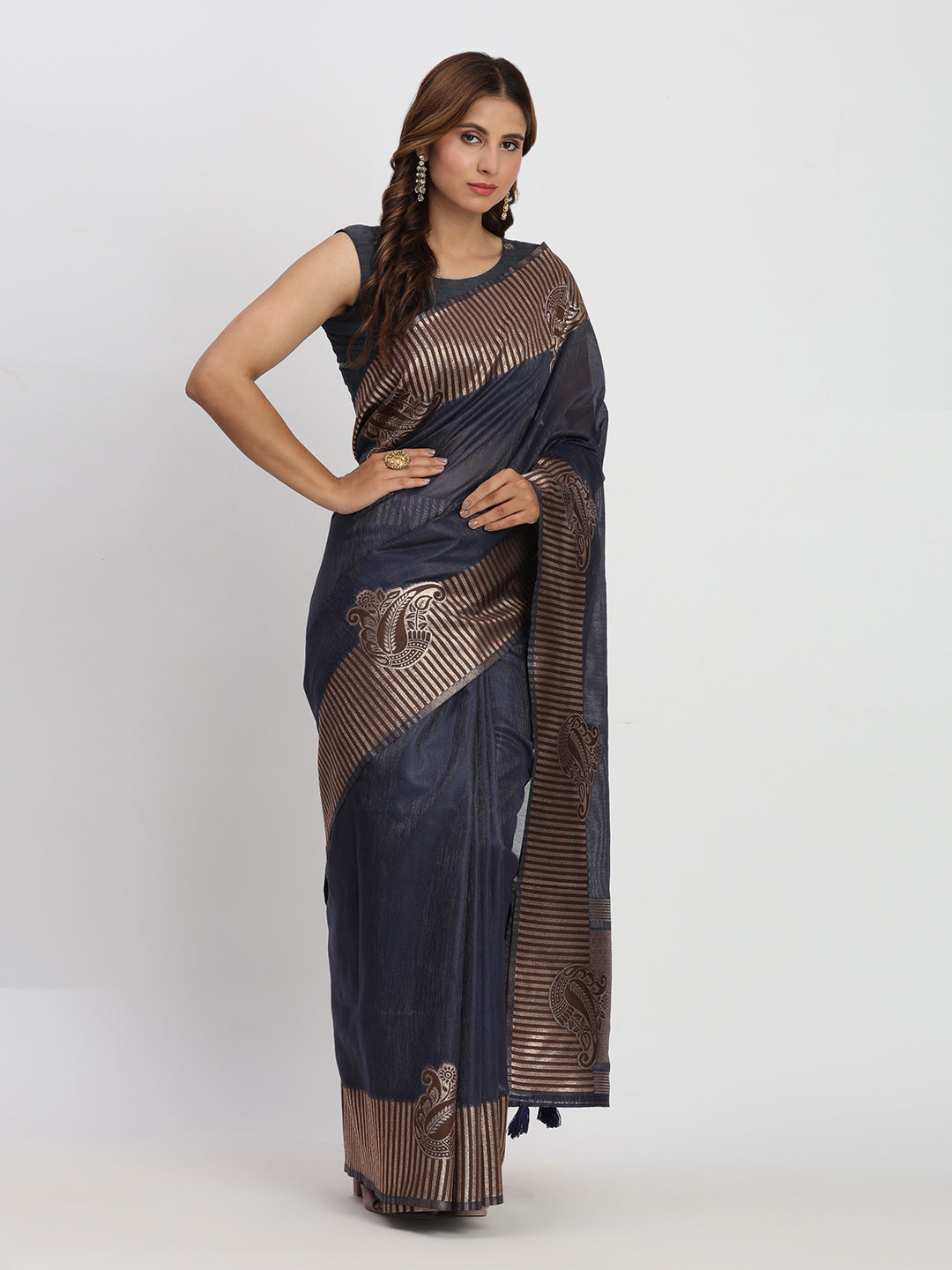 Astita Premium Navy Blue Linen Cotton Saree with Rich Golden Zari Motifs - Elegant Office & Festive Wear for Modern Women