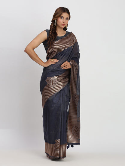 Astita Premium Navy Blue Linen Cotton Saree with Rich Golden Zari Motifs - Elegant Office & Festive Wear for Modern Women