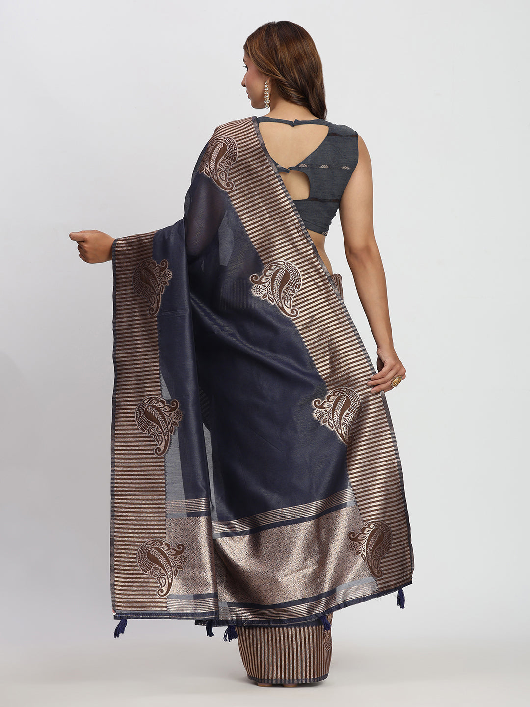 Astita Premium Navy Blue Linen Cotton Saree with Rich Golden Zari Motifs - Elegant Office & Festive Wear for Modern Women