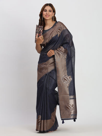 Astita Premium Navy Blue Linen Cotton Saree with Rich Golden Zari Motifs - Elegant Office & Festive Wear for Modern Women