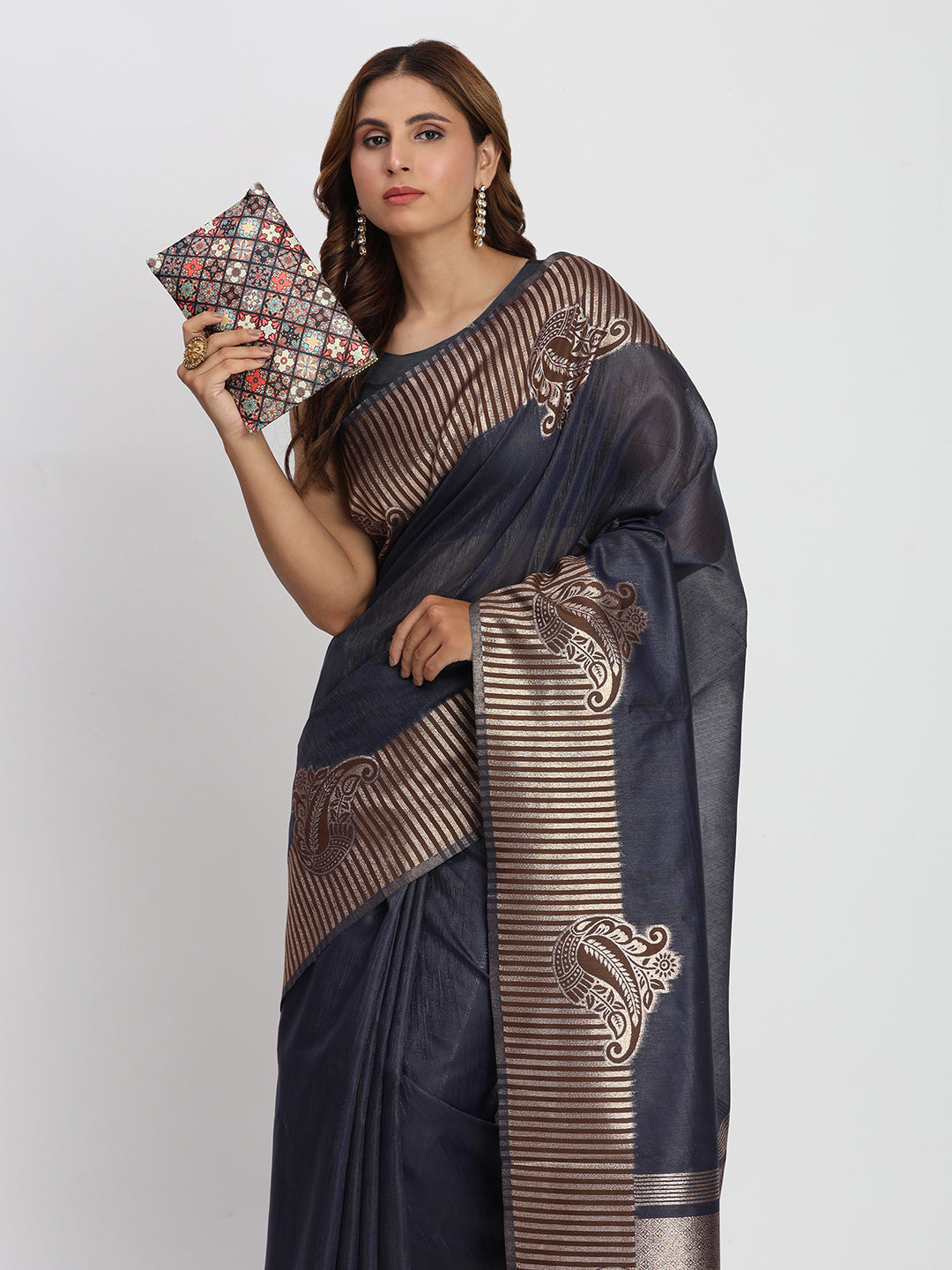 Astita Premium Navy Blue Linen Cotton Saree with Rich Golden Zari Motifs - Elegant Office & Festive Wear for Modern Women