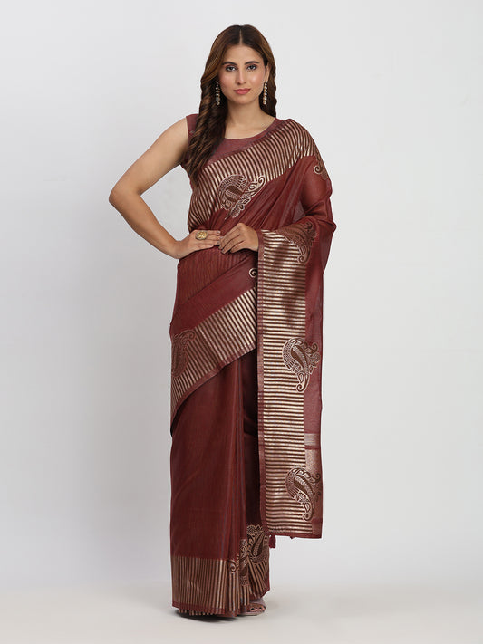 Astita Premium Maroon Linen Cotton Saree with Rich Golden Zari Motifs - Elegant Office & Festive Wear for Modern Women