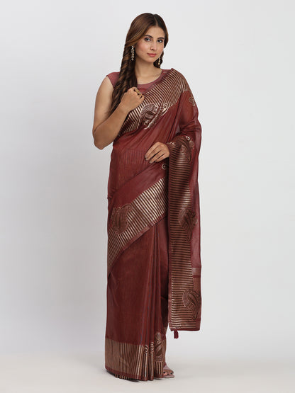Astita Premium Maroon Linen Cotton Saree with Rich Golden Zari Motifs - Elegant Office & Festive Wear for Modern Women