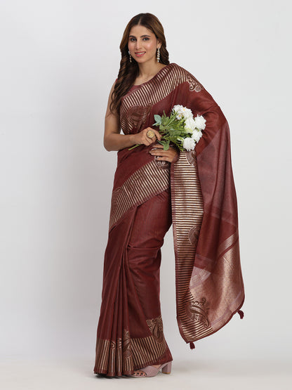 Astita Premium Maroon Linen Cotton Saree with Rich Golden Zari Motifs - Elegant Office & Festive Wear for Modern Women