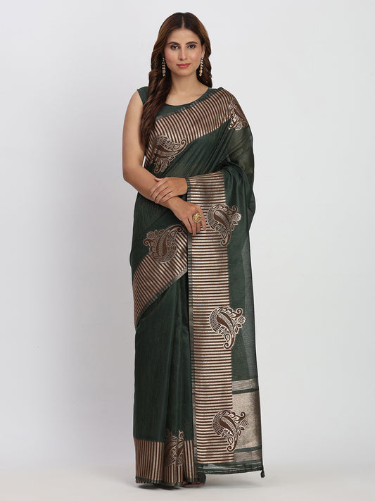 Astita Premium Dark Green Linen Cotton Saree with Rich Golden Zari Motifs - Elegant Office & Festive Wear for Modern Women