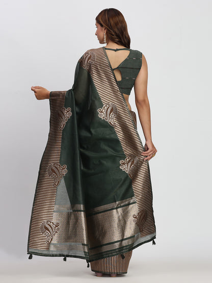 Astita Premium Dark Green Linen Cotton Saree with Rich Golden Zari Motifs - Elegant Office & Festive Wear for Modern Women