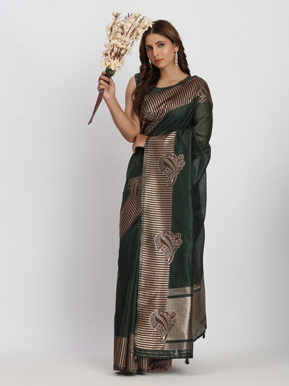 Astita Premium Dark Green Linen Cotton Saree with Rich Golden Zari Motifs - Elegant Office & Festive Wear for Modern Women