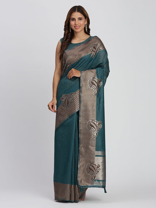Astita Premium Sea Green Linen Cotton Saree with Rich Golden Zari Motifs - Elegant Office & Festive Wear for Modern Women