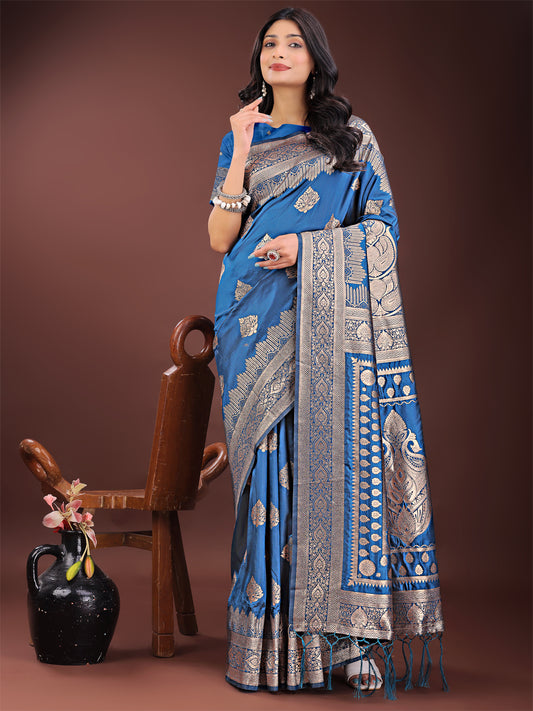 Astita Graceful Royal Blue Banarasi Silk Saree with Silver Zari – Perfect Ethnic Wear for Weddings & Festive Moments