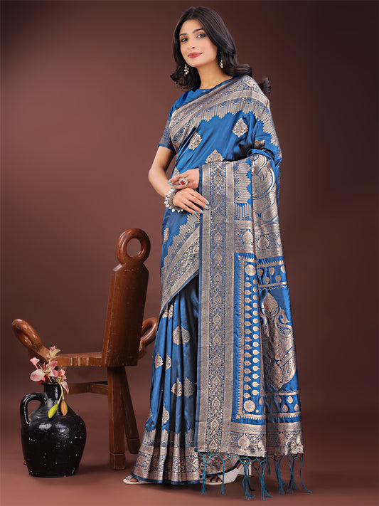 Astita Graceful Royal Blue Banarasi Silk Saree with Silver Zari – Perfect Ethnic Wear for Weddings & Festive Moments