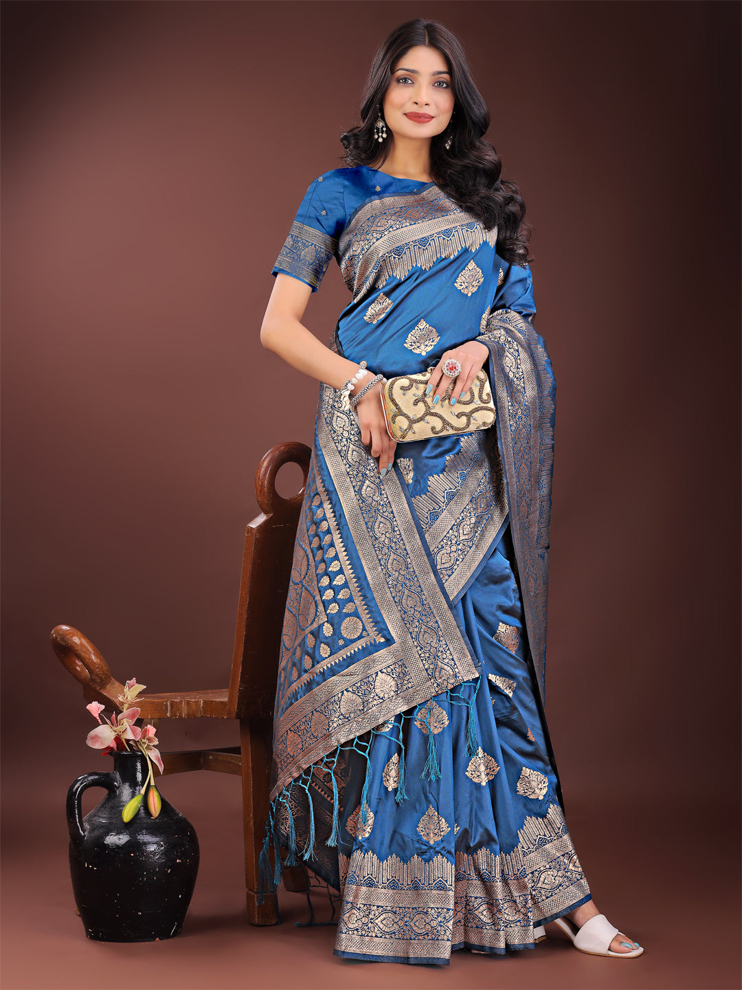 Astita Graceful Royal Blue Banarasi Silk Saree with Silver Zari – Perfect Ethnic Wear for Weddings & Festive Moments