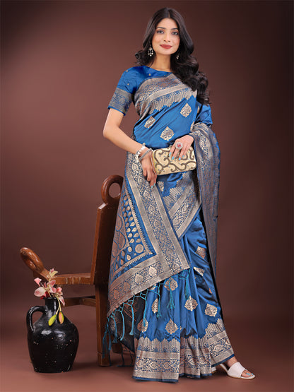 Astita Graceful Royal Blue Banarasi Silk Saree with Silver Zari – Perfect Ethnic Wear for Weddings & Festive Moments