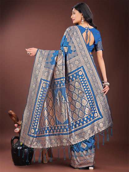 Astita Graceful Royal Blue Banarasi Silk Saree with Silver Zari – Perfect Ethnic Wear for Weddings & Festive Moments