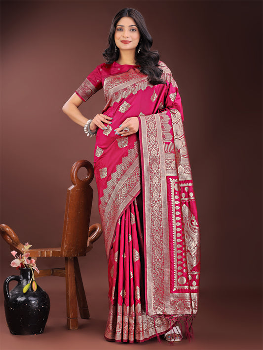 Astita Graceful Magenta Banarasi Silk Saree with Silver Zari – Perfect Ethnic Wear for Weddings & Festive Moments