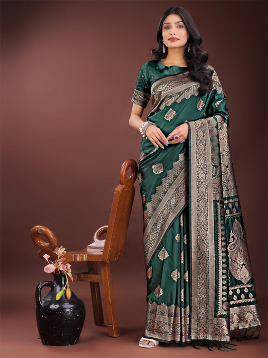 Astita Graceful Green Banarasi Silk Saree with Silver Zari – Perfect Ethnic Wear for Weddings & Festive Moments
