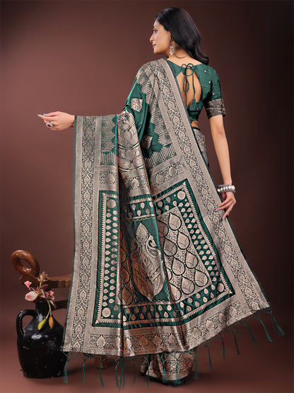 Astita Graceful Green Banarasi Silk Saree with Silver Zari – Perfect Ethnic Wear for Weddings & Festive Moments