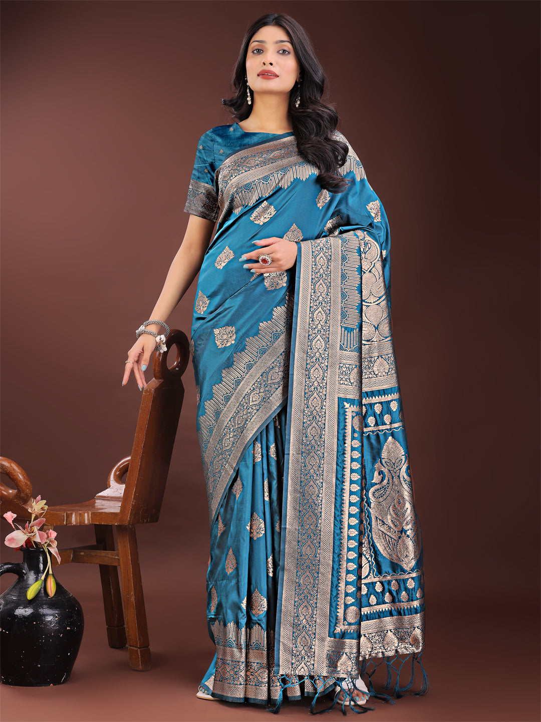 Astita Graceful Teal Banarasi Silk Saree with Silver Zari – Perfect Ethnic Wear for Weddings & Festive Moments